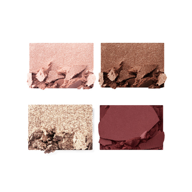 Swatches of matte and shimmery eyeshadows in maroon, dark brown, champagne, and rose gold. 
