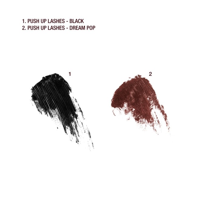 Farbproben von zwei Mascaras in Schwarz und Schokoladenbraun.