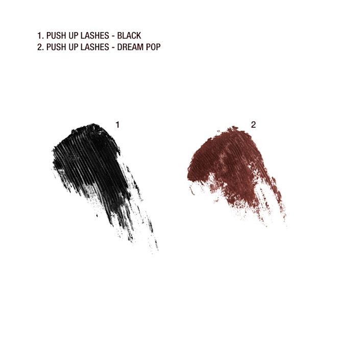 Pillow Talk Push up Lashes Mascara swatches Swatches of two mascaras in black and chocolate brown.