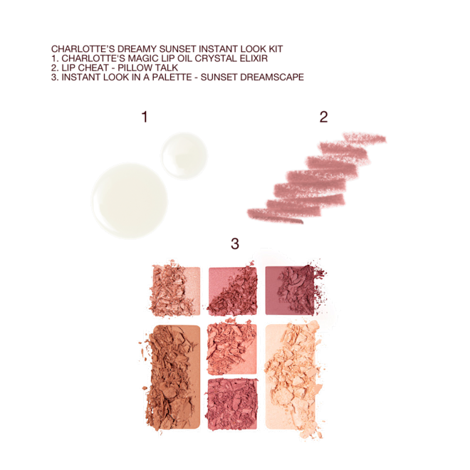 Dreamy Sunset Instant Look Kit swatches Swatches of glowy, pearly-white lip oil, nude pink lip liner pencil, and a face palette with three rose gold, dusky pink, and plum-coloured eyeshadows, two blushes in soft peach and medium-pink, light brown bronzer, and soft, gold-coloured highlighter.