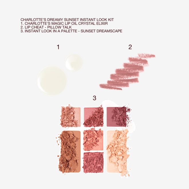 Dreamy Sunset Instant Look Kit swatches Swatches of glowy, pearly-white lip oil, nude pink lip liner pencil, and a face palette with three rose gold, dusky pink, and plum-coloured eyeshadows, two blushes in soft peach and medium-pink, light brown bronzer, and soft, gold-coloured highlighter.
