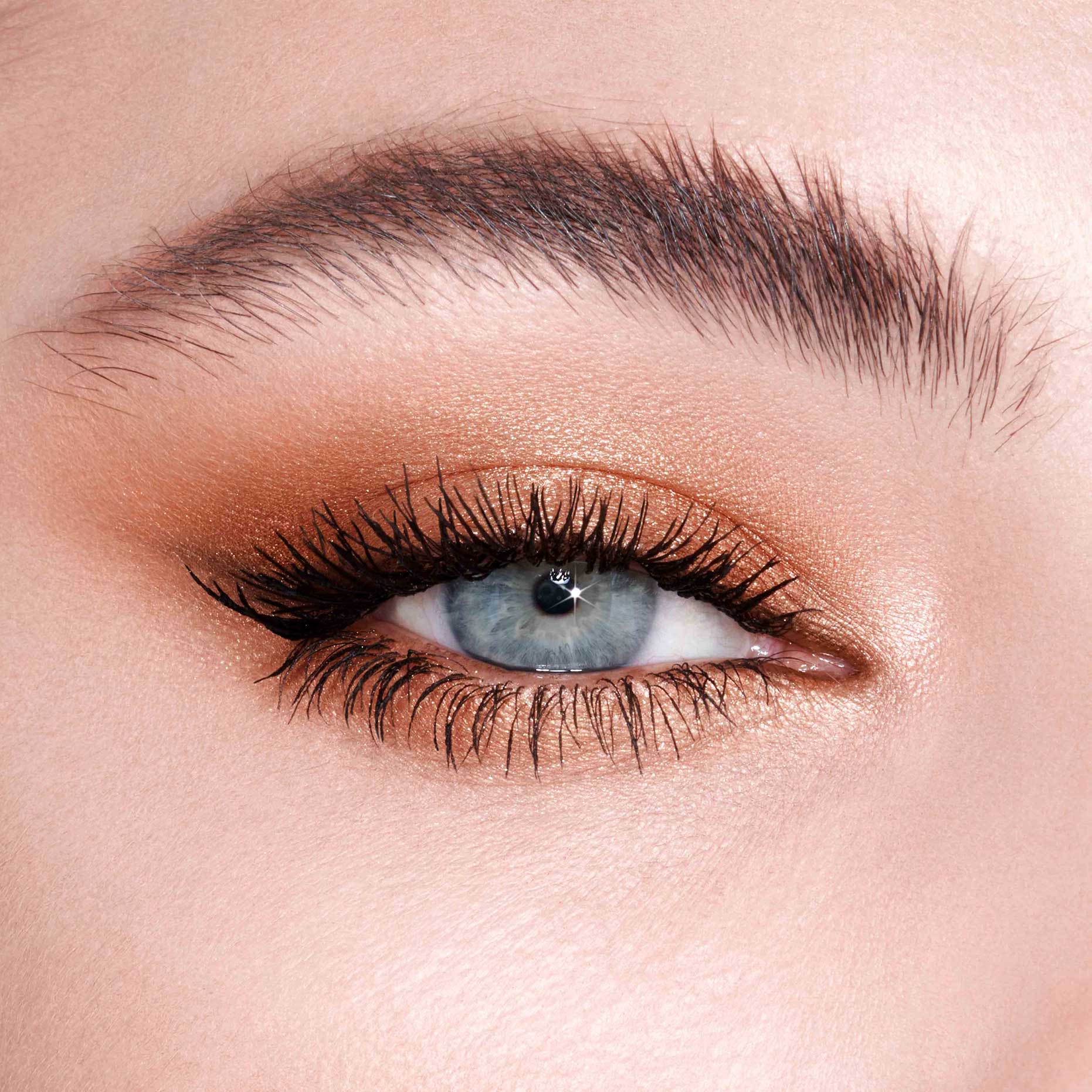 Single eye close-up of a fair-tone model with blue eyes wearing shimmery topaz eye makeup with black mascara.