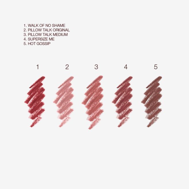 Lip Cheat Lip Liner swatches Swatches of five lip liner pencils in shades of berry-pink, nude pink, brown-pink, dark nude pink, and taupe brown.