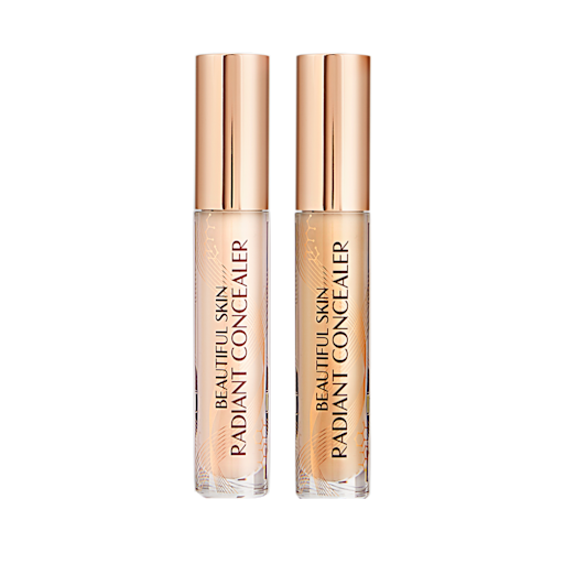Beautiful Skin concealer duo bundle closed Two radiant concealers in glass tubes with gold-coloured lids, and text on the tubes that reads, 'Beautiful Skin Concealer'