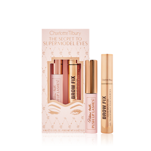 The secret to Supermodel Eyes Mini mascara with a mini brown gel and a pink-coloured gift box.