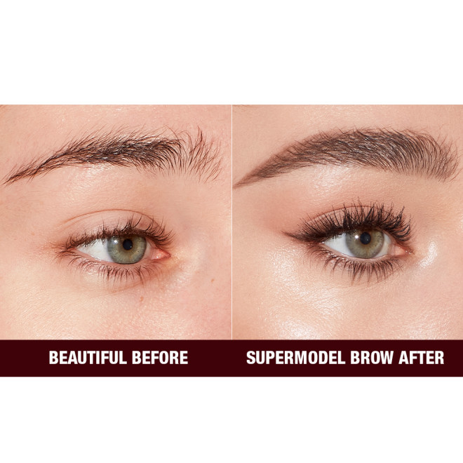 Close-up before and after of a fair-tone model with green eyes with bare brows on one side and thick, filled, and lined eyebrows on the other side after applying a natural-brown-coloured eyebrow pencil.