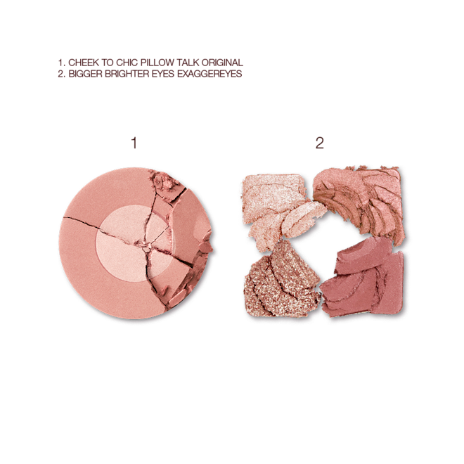 Glow Eye Lip Cheat Makeup Kit swatches Swatches of a two-tone powder blush in rose gold and champagne and quad eyeshadow palette in neutral gem shades.