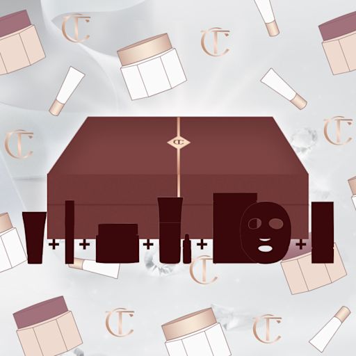 MYSTERYBOX-SKINCARE4-US Banner with a brown-red-coloured gift box with illustrations of six skincare and makeup mystery items that are included in it.