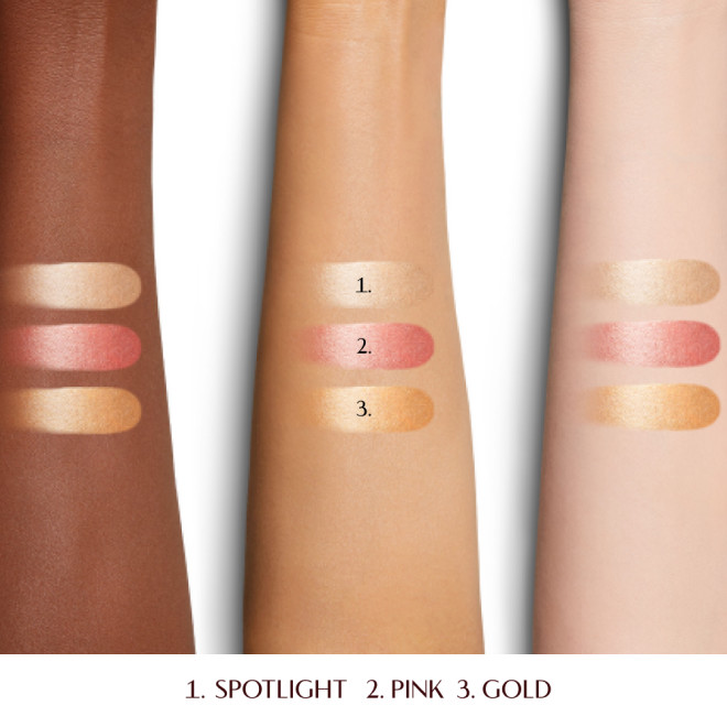 Beauty Light Wand arm swatches on three skin tones, including shades spotlight, pink and gold.