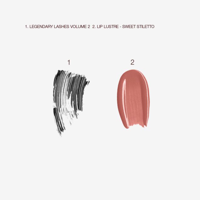 Charlotte's Hollywood Secrets swatches Swatch of a black mascara and liquid lipstick in a nude pinky brown shade.