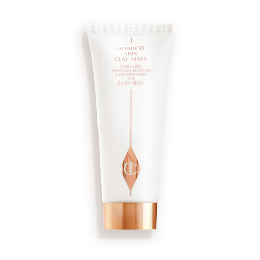 Goddess Skin Clay Mask Closed A wash-off clay mask in a white-coloured tube with a gold-coloured lid.