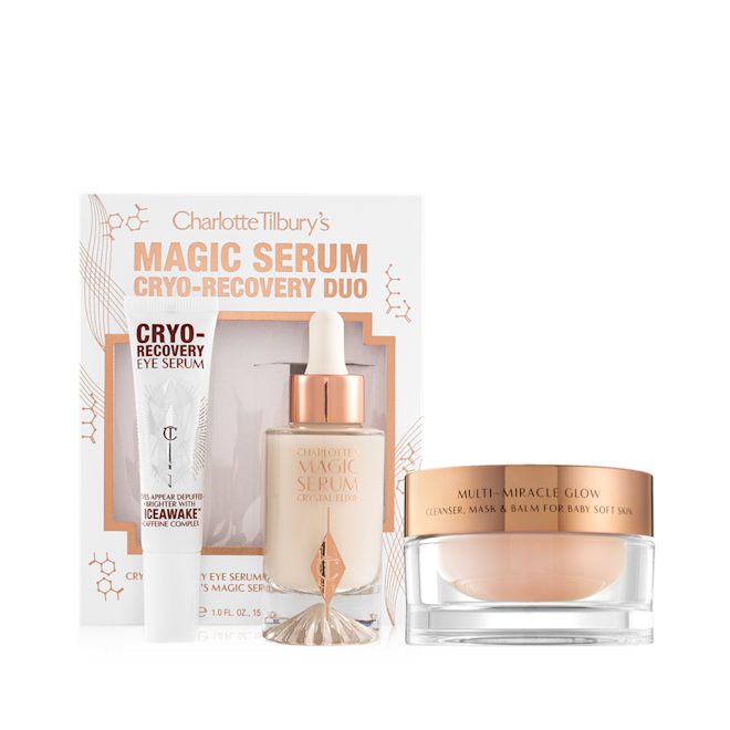 Cleanse Glow Recovery Kit Eye serum in a white-coloured tube, luminous ivory-coloured serum in a glass bottle with a white and gold-coloured dropper lid.