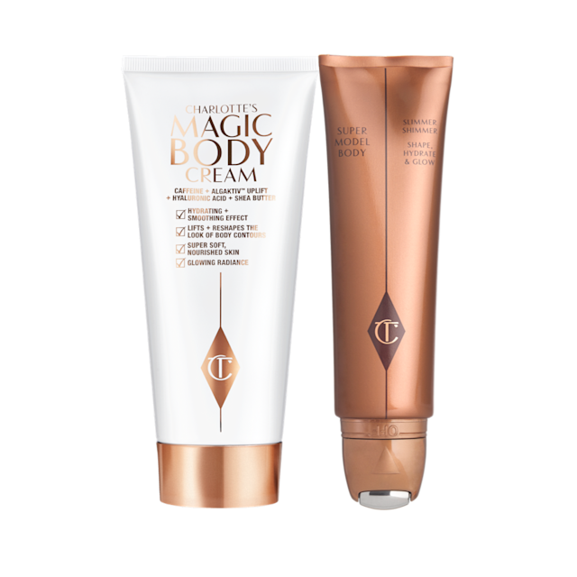 Supermodel Body + Magic Body Cream packshot for blog Body care duo including Charlotte's Magic Body Cream and Supermodel Body body shimmer
