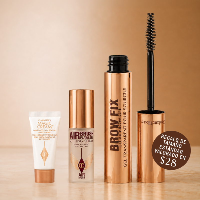Free mini Charlotte’s Magic Cream, mini ARIbrush Flawless Setting Spray and a full-size Brow Fix