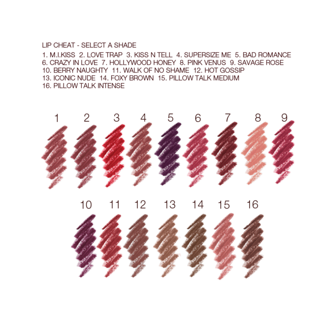 Lip Cheat collection swatches Swatches of sixteen lip liner pencils in shades of brown, purple, pink, peach, red, taupe, and brown.