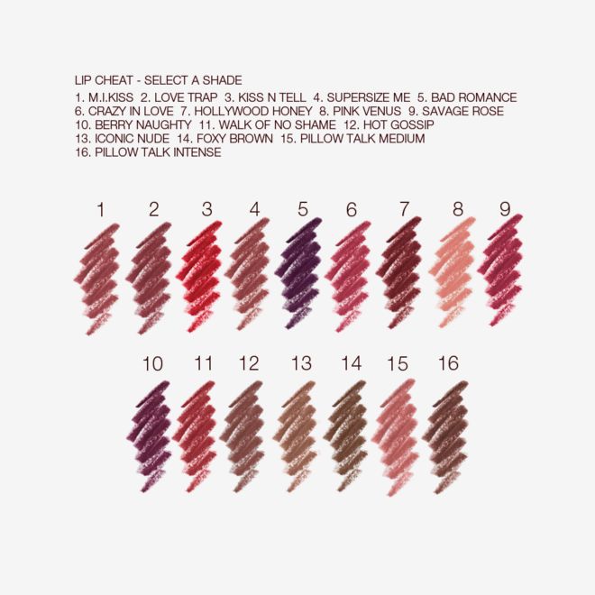 Lip Cheat collection swatches Swatches of sixteen lip liner pencils in shades of brown, purple, pink, peach, red, taupe, and brown.