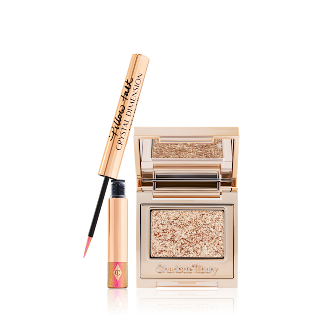 Hypnotising Pop Shot and Pillow Talk Crystal Dimension Eyeliner A glittery, vivid pink liquid eyeliner and an open, single-pan eyeshadow compact with a mirrored lid in a glittery pearl shade.