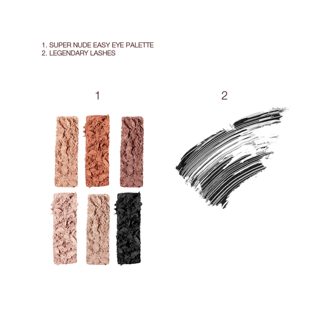 Supernudes Makeup Secrets Kit swatches Swatches of a six-pan eyeshadow palette with nude brown, peach, and beige shades and swatch of a black mascara.