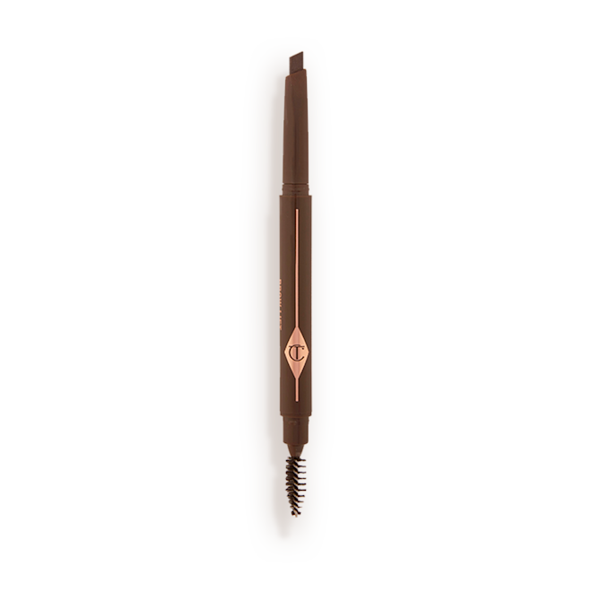 Brow Lift in Dark Brown open An open, double-ended eyebrow pencil and spoolie brush duo in a dark brown shade with dark-brown-coloured packaging