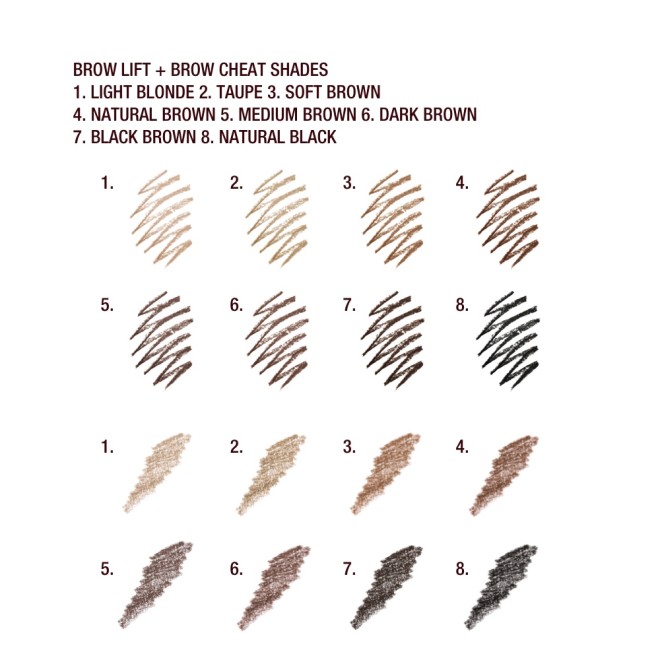 Swatches of eight eyebrow pencils and eyebrow gels in shades of light blonde, taupe, soft brown, natural brown, medium brown, dark brown, black-brown, dark brown, and jet black.