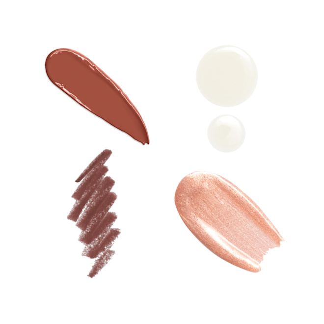 Glowing Summer Lip Wardrobe swatches Swatches of satin-finish brick-red lipstick, pink-gold high-shine lip gloss, lip liner in chocolate brown, and glowy lip oil.