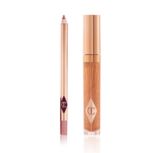 Lip Gloss and Lip Liner Kit An open lip liner pencil in a nude pink shade and a closed, lip gloss in a sheer gold shade with a gold-coloured lid.