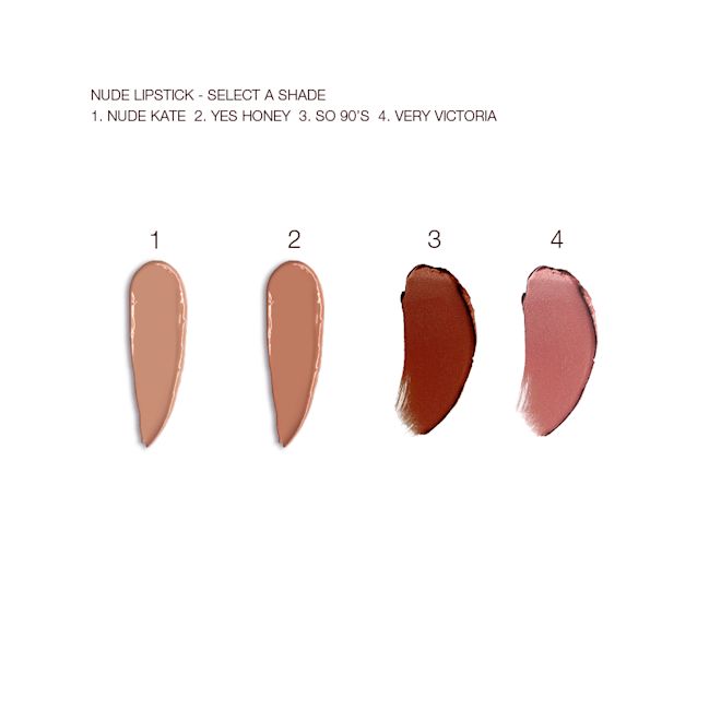 Nude Lipstick swatches Swatches of four nude lipsticks in shades of beige, warm beige-brown, red, and pink.