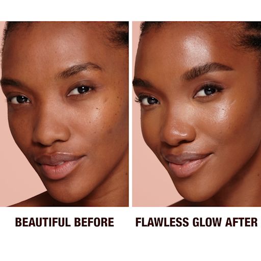Hollywood Flawless Filter shade 6.5 before and after on deep-tone model Before and after close-up of a deep-tone model with brown eyes wearing a luminous, glowy primer that blurs her pores and fine lines with dark brown eyeliner and sheer lip gloss.