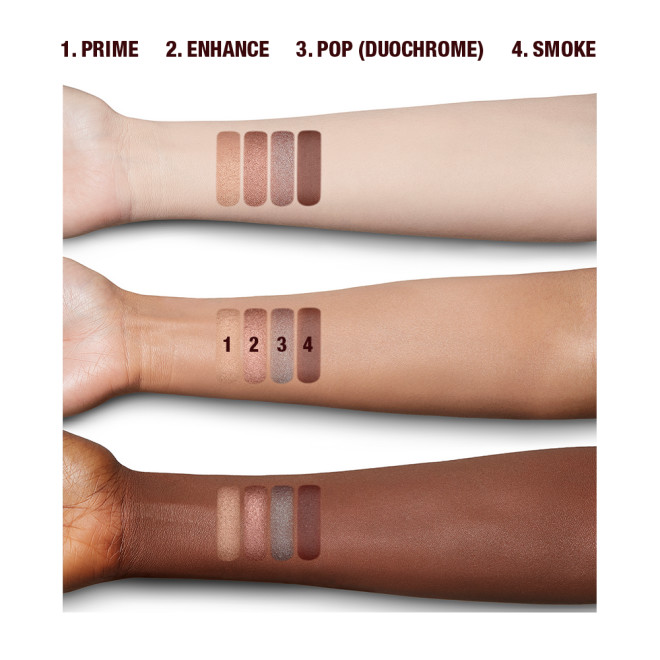 Fair, tan, and deep-tone arms with swatches of matte and shimmery eyeshadows in shades of peachy-pink, dusky rose, warm burgundy, and teal blue-brown.