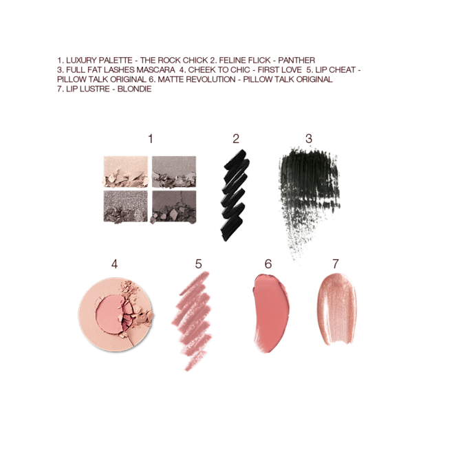 The Rock Chick kit swatches Swatches of a quad eyeshadow palette in shades of grey and gold, black eyeliner, black mascara, two-tone blush in champagne and light pink, lip liner in nude pink, lipstick in warm pink, and lip gloss in sheer pink.