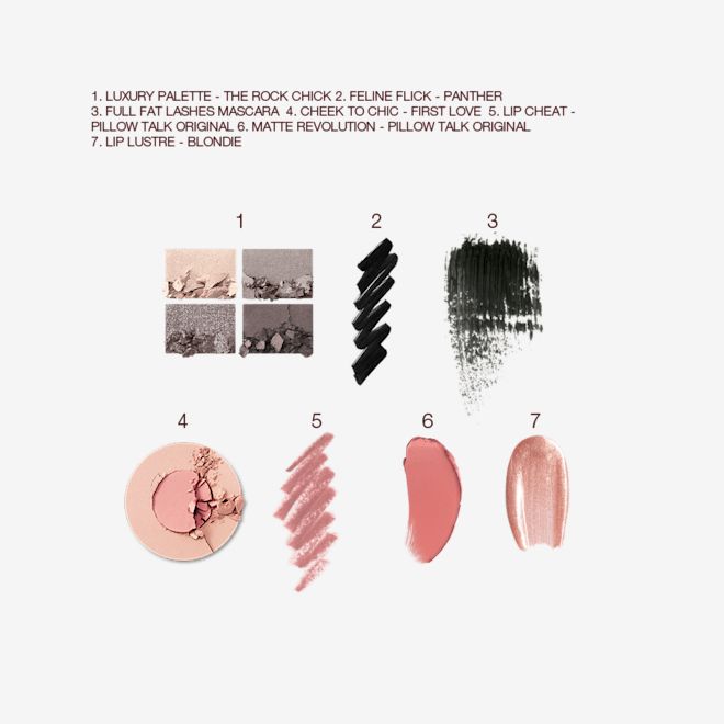 The Rock Chick kit swatches Swatches of a quad eyeshadow palette in shades of grey and gold, black eyeliner, black mascara, two-tone blush in champagne and light pink, lip liner in nude pink, lipstick in warm pink, and lip gloss in sheer pink.