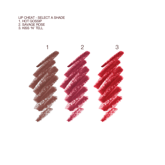 Lip Cheat swatches Swatches of three lip liner pencils in purplish brown, magenta, and bold red.