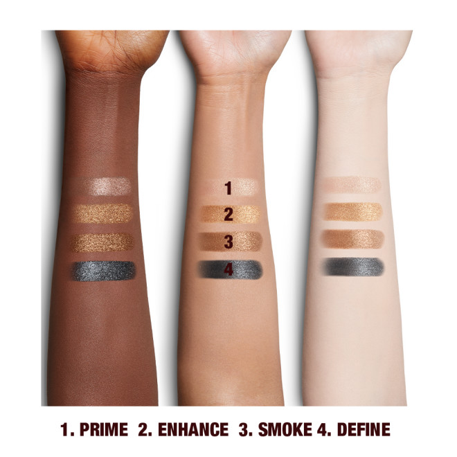 Fair-tan, and deep-tone arms with four eyeshadow swatches in rose gold, teal, honey-gold, and bright gold colours. 