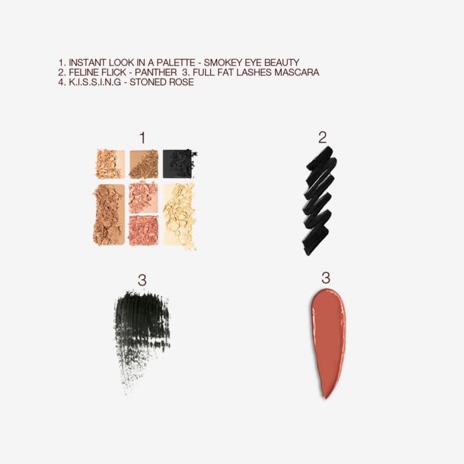 After Dark Beauty swatches Swatches of nine eyeshadows in shades of brown, golden, pink, black, and peach, black eyeliner, black mascara, and dark terracotta lipstick.