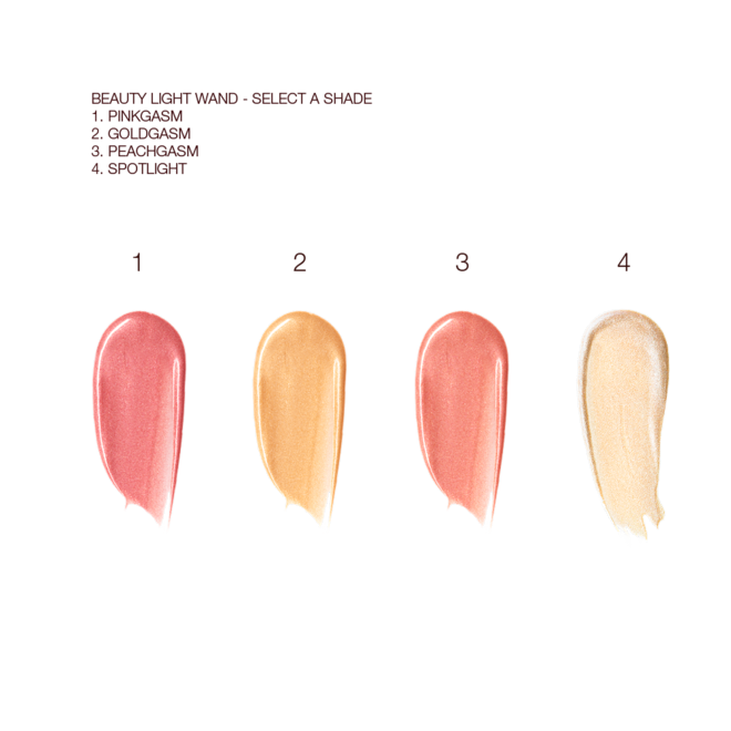 Beauty Light Wands swatches Swatches of four liquid highlighters and liquid highlighter blushes in medium-pink, honey gold, rose gold, and champagne.