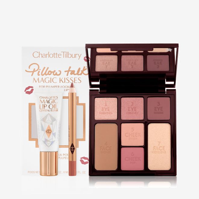 Dreamy Sunset Instant Look Kit Lip oil in a white-coloured tube with a nude pink lip pencil in a white-coloured gift box, and an open face palette with two blushes, three eyeshadows, and contouring shades with a mirrored lid.
