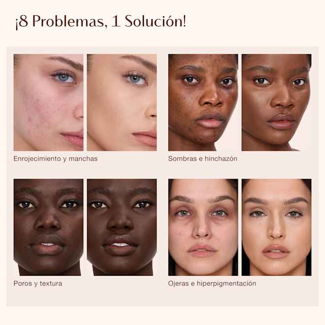 Infografía del Airbrush Flawless Concealer: 1 solución para 8 problemas de la piel Gráfico titulado "8 problemas, 1 solución" con etiquetas de texto para problemas de la piel: sombras e hinchazón, poros y textura, ojeras e hiperpigmentación.