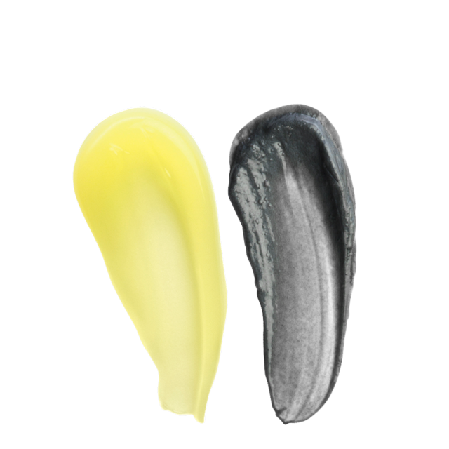 Goddess Cleansing Ritual Cleanser 1 & 2 swatches Swatches of a lime-coloured oil cleanser and charcoal wash-off mask.