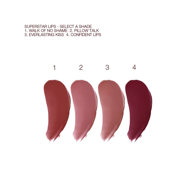 Swatches of four, glossy lipsticks in shades of berry-pink, nude pink, brown-pink, and dark berry-pink. 
