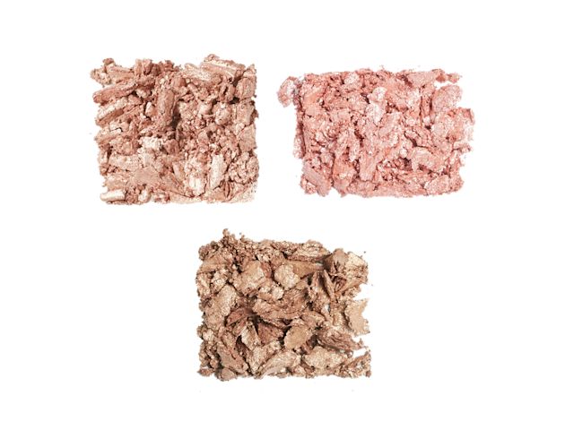 Hollywood Flawless Eye Filters Prime shade swatches Swatches of three shimmery priming eyeshadows in dusky pink, dark champagne, and brown-gold.