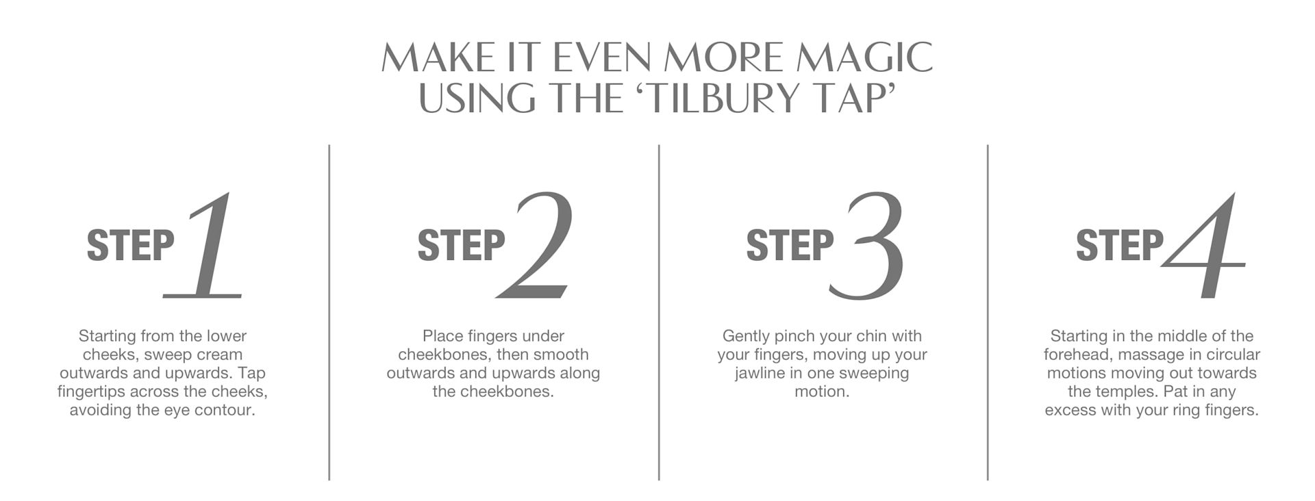Magic Cream how to apply steps Banner with four, detailed steps on how to apply Charlotte Tilbury Magic cream for face for maximum benefit.