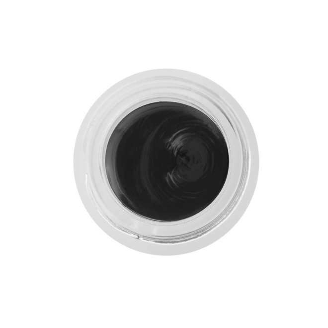 An open frosted glass pot with a cream eyeshadow in a jet-black shade.