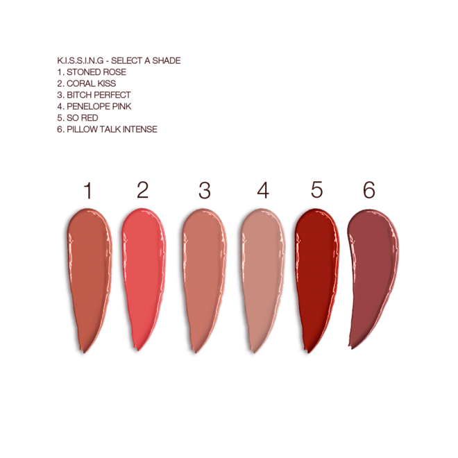 K.I.S.S.I.N.G Lipstick Swatches Swatches of six satin-finish lipsticks in shades of dark terracotta, bright coral, nude peach, cool beige, dark red, and nude reddish brown.
