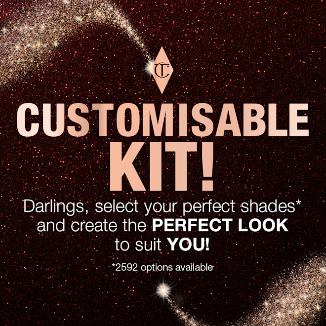 Black Friday Sale banner A black and gold starry night-sky-themed banner with text that reads, 'Customisable kits! darlings, select your perfect shades and create the perfect look to suit YOU!'