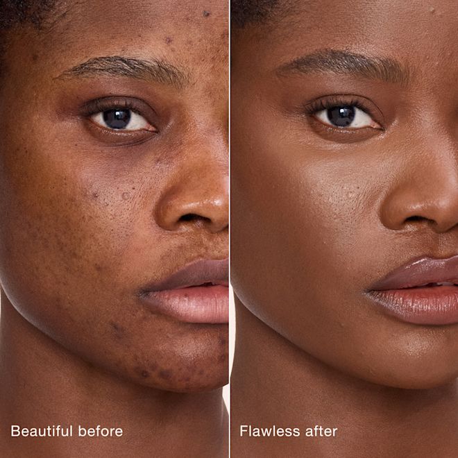 Airbrush Flawless Concealer - 14 Deep before and after Side-by-side comparison showing skin before and after applying Charlotte Tilbury Airbrush Flawless Concealer, with text labels 'Beautiful before' and 'Flawless after'.