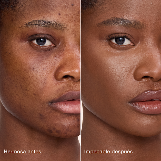 Antes y después de usar Airbrush Flawless Concealer en el tono 14 Deep Comparación paralela que muestra la piel antes y después de aplicar el corrector Charlotte Tilbury Airbrush Flawless Concealer con las etiquetas de texto "Preciosa antes", "Impecable después".