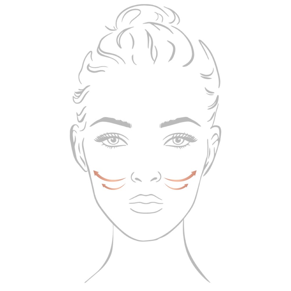 Charlotte's Magic Cream application step 2 Outline of face with arrows pointing outward from the nose as a guide on how to apply face cream on the nose. .