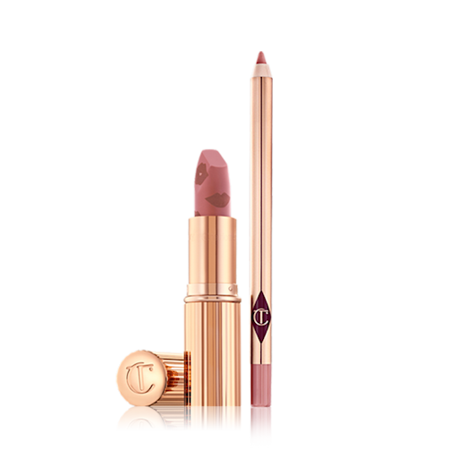 Luscious Lip Slick in Wedding Belles open An open matte lipstick in a dusty pink shade with an open lip liner pencil in a nude pink shade.