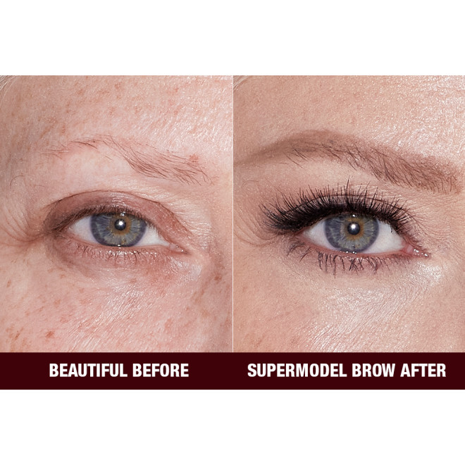 Close-up before and after of a fair-tone model with grey eyes and mature skin with bare brows on one side and thick, filled, and lined eyebrows on the other side after applying a taupe-coloured eyebrow pencil.