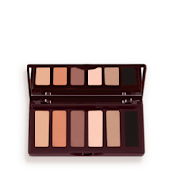 Easy Eye Palette Super Nudes open An open, mirrored-lid six-pan eyeshadow palette with matte eyeshadows in brown, peach, and beige shades.